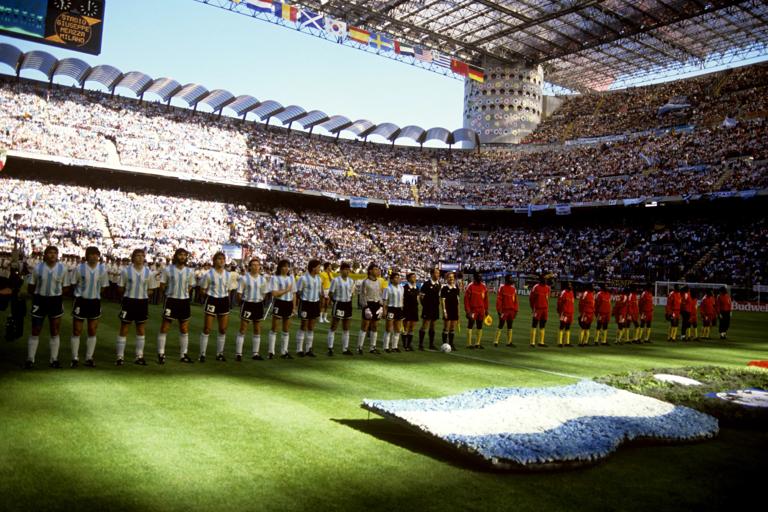 Argentina (l) and Cameroon (r) line up for the national anthems before kick off  (Photo by Peter Robinson - PA Images via Getty Images)