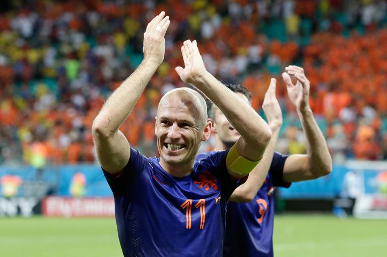 , BRAZIL - JUNE 13: Arjen Robben of Holland celebrates the victory
 during the  World Cup match between Spain  v Holland  on June 13, 2014 (Photo by Eric Verhoeven/Soccrates/Getty Images)