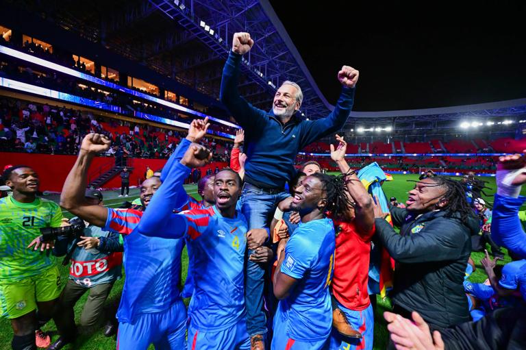 DR Congo players celebrate after defeating Nigeria and securing qualification for the 2026 World Cup during the 2026 World Cup Qualifier CAF Play-Offs football match between the Nigeria and RD Congo at Prince H&eacute;ritier Moulay El Hassan Stadium, 16 November 2026. &copy;Nabil Ramdani/BackpagePix