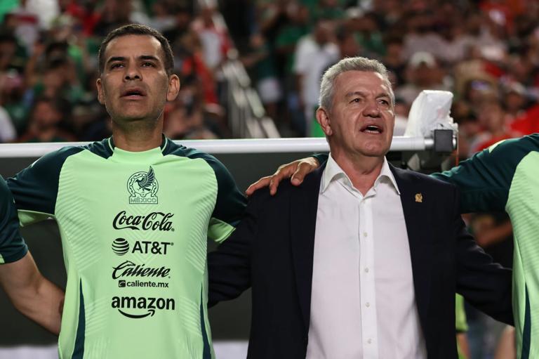 Javier Aguirre along with Rafa Marquez on the sidelines during  the international friendly match between Mexico and Turkey