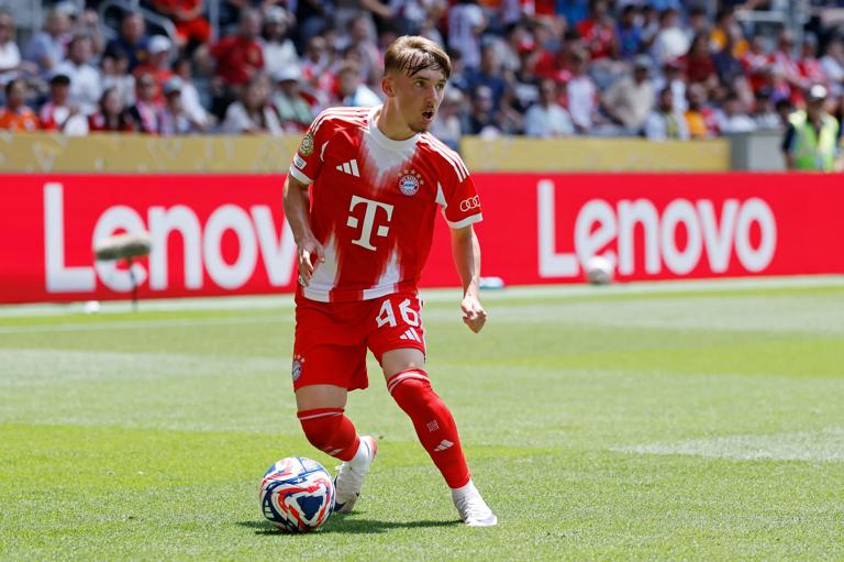 CINCINNATI, OHIO - JUNE 15: Lennart Karl #46 of FC Bayern Munchen advances the ball during the FIFA Club World Cup 2025 group C match between FC Bayern Munchen and Auckland City FC at TQL Stadium on June 15, 2025 in Cincinnati, Ohio. (Photo by Joe Robbins/ISI Photos/ISI Photos via Getty Images)